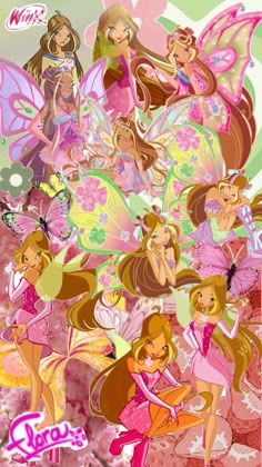 the poster for barbie's fairy land is shown in pink, green and yellow