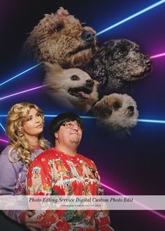 two people standing next to each other with dogs on them