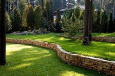 a stone wall in the middle of a grassy area with trees and rocks around it