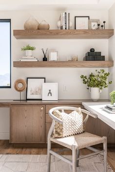 a chair and some shelves in a room