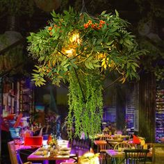 an outdoor restaurant with tables and chairs covered in hanging planters, lights and plants