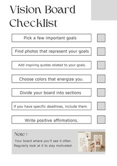 the vision board checklist is shown in black and white, with text on it