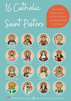 an image of catholic saint posters with the names of all saints and their symbols on them