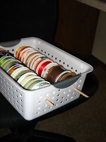 a white basket filled with different colored spools of thread on top of a black chair