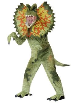 a man in a dinosaur costume with his mouth open and tongue out, making a silly face