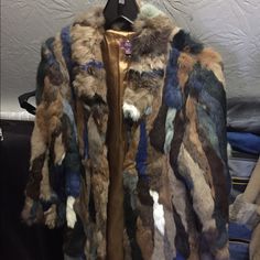 Blue, Brown, Ivory & Grey Calf Length Fur Coat With Hook & Eye Closure & Collar Colorful Fur Coat, Hook Eye, Fashion Details, Blue Brown, Multi Colored, Fur Coat, Color Blue, Jackets & Coats, Jackets For Women