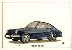 a drawing of a blue car with the word porsche written on it's side