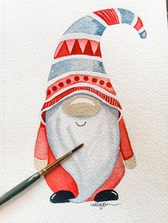 a watercolor painting of a santa clause with a paintbrush in his hand and wearing a hat