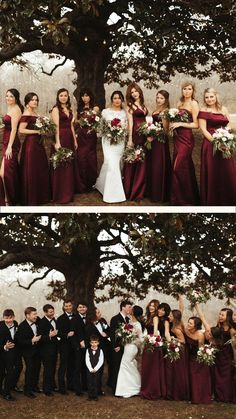 the bride and grooms are posing for pictures in front of a tree with their bouquets