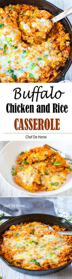 an image of chicken and rice casserole in a cast iron skillet with text overlay