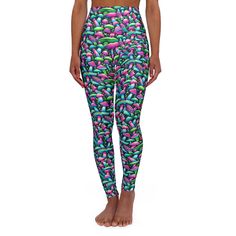 Add some fun to your gym routine with this all over Neon Mushroom print leggings. We think the gym should fun,not a chore, and what better way to make it a little more enjoyable than to put on a unique pair of leggings and arrive in cheerful style. Our goal is to inspire through attire! ;) These skinny fitting high-waisted yoga leggings will take you from workout to store run in comfort and style. Note: Runs small, consider sizing up! .: 83% Polyester, 17% Spandex .: Skinny fit .: Outside seam thread is color-matched to design .: White inside seam thread .: Double layer waistband .:When stretched excessively, some of the undyed white underneath material may become visible at the seams or where sewn. .: Assembled in the USA from globally sourced parts Thank you for shopping our Gym Gear! Ma Neon Mushroom, High Waisted Yoga Leggings, Mushroom Print, Gym Routine, High Waist Yoga Pants, Legging Sport, Legging Outfits, Womens Leggings, Leggings For Women