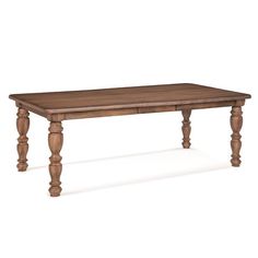 a wooden table with two turned legs and a long, narrow top on an isolated white background