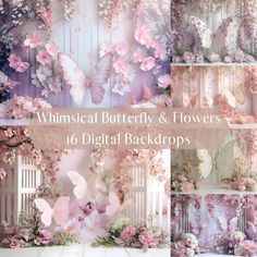 some pink flowers and butterflies are in the background with text that reads, whimsical butterfly & flowers 16 digital backgrounds