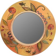 Small Circle Mirror –  Love Life circle mirror with beautiful contemporary floral motif Small Circle Mirror, Hand Painted Mirrors, Cupcake Coloring Pages, Sticks Furniture, Hand Painted Frames, Floral Mirror, Object Art, Circle Mirror, Artistic Installation