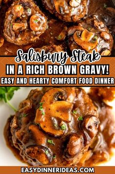 some food that is sitting on top of a white plate and has the words salisbury steak in