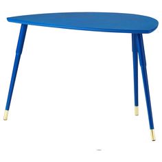 a blue table with gold legs and a white background