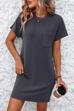 Elevate your casual style with our Ribbed Striped Short Sleeve Mini Tee Dress. This versatile piece offers effortless comfort and a flattering fit for women. Perfect for any occasion, embrace a trendy and chic look with this must-have mini dress. Features: Basic style, Ribbed, Pocketed Sheer: Opaque Stretch: Moderate stretch Body: Not lined Material composition: 65% rayon, 35% polyester Care instructions: Machine wash cold. Tumble dry low. Imported Size US Length Bust S 4 33.1 35.4 M 6/8 33.3 37 Plus Size Sleepwear, Maxi Dress Cocktail, Maxi Dress Formal, Striped Short, Ribbed Texture, Formal Evening Dresses, Pocket Dress, Belleza Natural, Tee Dress