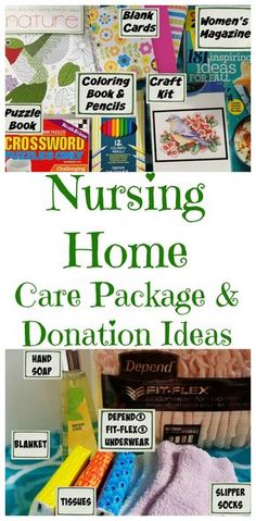 the cover of nursing home care package and donation ideas, with pictures of hospital supplies