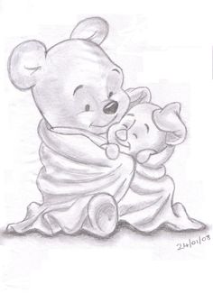 a drawing of winnie the pooh and her baby bear hugging each other with their arms