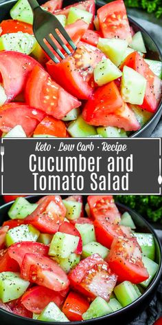 cucumber and tomato salad in a black bowl with a fork on the side