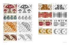 cross stitch patterns with different colors and designs on them, including mushrooms, mushroom - like shapes