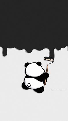 a panda bear holding a paint roller in its mouth