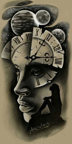 an artistic drawing of a woman's face with clocks on her head and planets in the background