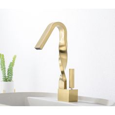 a gold faucet sitting on top of a sink next to a potted plant