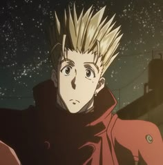 a man with blonde hair wearing a red coat and looking at the camera while standing in front of stars