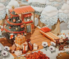 a painting of a christmas tree in the middle of a snow covered forest with gifts and presents