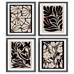 four black and white art pieces with flowers on the sides, each in different sizes