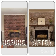 before and after pictures of a brick fireplace