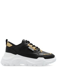 black leather smooth grain panelled design glitter detailing logo patch to the side logo-print tongue pull-tab at the heel round toe front lace-up fastening branded insole chunky rubber sole Versace Sneakers, Detailing Logo, Versace Logo, Oversized Tote Bag, Versace Jeans Couture, Summer Beach Wear, Versace Jeans, Black Sneakers, Ballet Flat Shoes