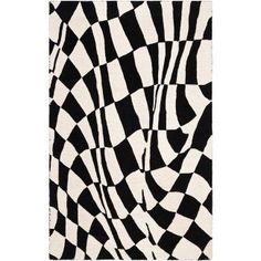 a black and white rug with an abstract design