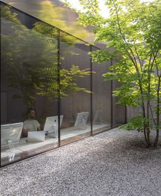 a woman sitting in front of a glass wall with trees and laptops on it