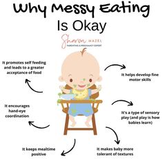 a baby sitting in a high chair with the words why messy eating is okay