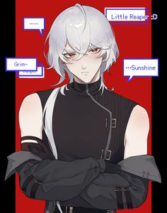 an anime character with white hair wearing black gloves and holding his arms crossed in front of him