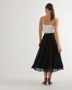 Chiffon Pleated Midi Skirt Flowy Chiffon Pleated Midi Skirt, Full Length Black Flowy Pleated Skirt, Black Flowy Midi Pleated Skirt, Black Pleated Full-length Skirt, Flowy Midi-length Pleated Skirt With Box Pleat, Cashmere Robe, Silk Tee, Knit Blazer, Silk Tank