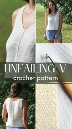 a woman in white shirt and blue shorts standing next to trees with text overlay that reads unfailing v crochet pattern