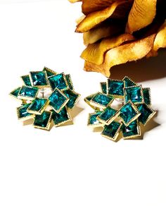 Teal green and gold earring studs with square shaped green rhinestones Chic Green Earrings For Gift, Glamorous Green Crystal Earrings, Trendy Green Crystal Earrings For Gift, Trendy Green Earrings For Evening, Gold Earring Studs, Large Stud Earrings, Teal Earrings, Earring Studs, Royal Jewelry