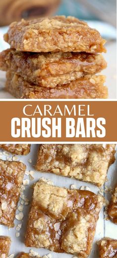 Collage of closeup shot of stack of caramel crush bars at top and overhead shot of caramel crush bars at bottom. Gooey Caramel, Caramel Bars, Cookie Brownie Bars, Cookies For Kids, Cookie Bar Recipes, Best Food Ever, Melt In Your Mouth, Perfect Desserts