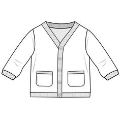 a black and white drawing of a cardigan sweater with buttons on the chest,