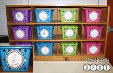 several different colored baskets with numbers on them and the words spot in front of them