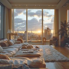 a living room filled with lots of furniture and large windows overlooking the city at sunset