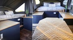 the inside of a camper that has been converted into a bed and desk area