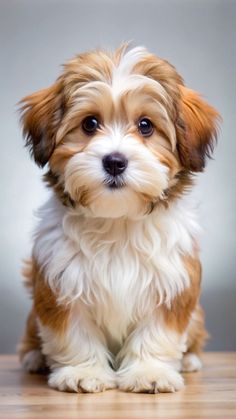 a small brown and white dog sitting on top of a wooden floor