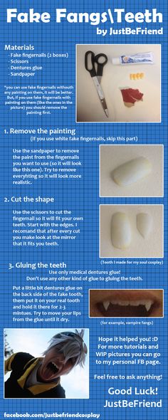 the instructions for fake fangs and teeth are shown in this poster, which shows how to use