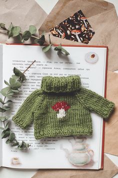 a knitted green sweater and hat on top of an open book next to plants