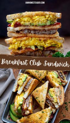 the breakfast club sandwich is cut in half and stacked on top of each other