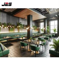 the interior of a restaurant with green chairs and tables